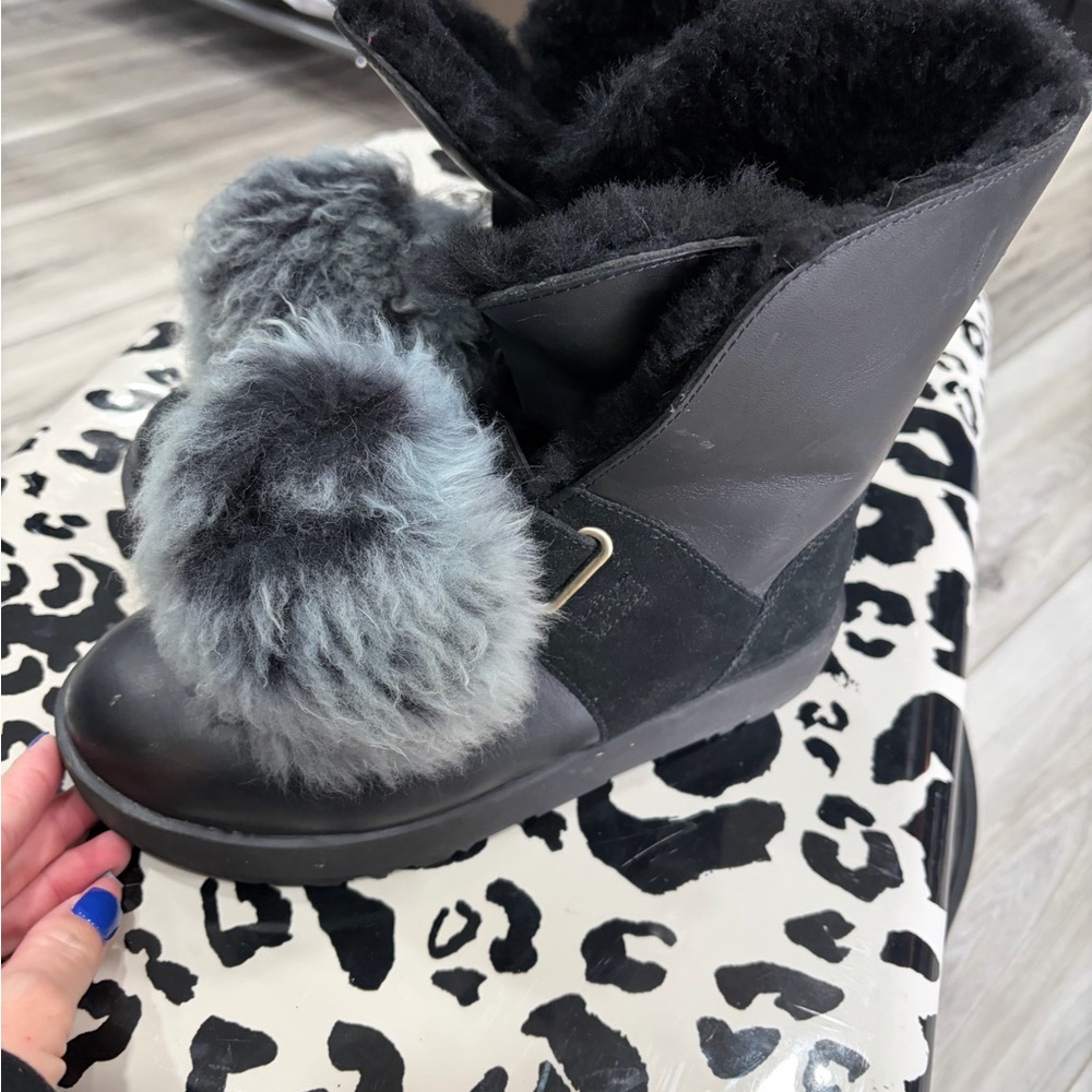 UGG Black Winter Boots with Gray Fur Pom-Poms